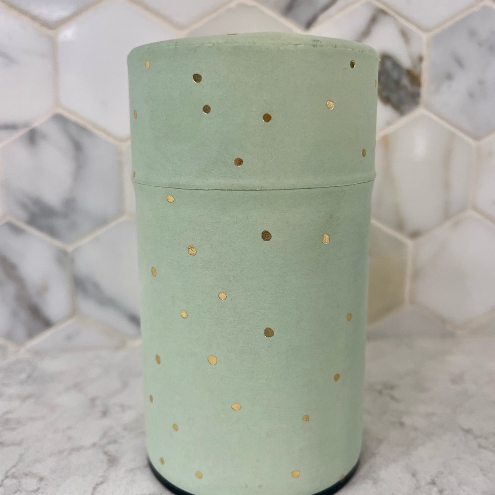 Teavana 4” Metal Tea Tin Canister - Gold Polkadots on Teal Paper Design